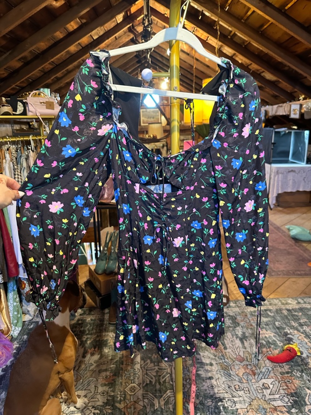 For Love & Lemons Black Floral Dress with Pink, Blue and Yellow Accents